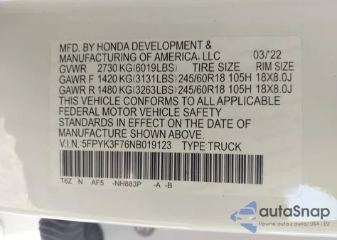 2022 Honda Ridgeline Rtl-E from USA, damaged, VIN 5FPYK3F76NB019123